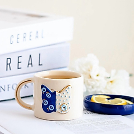 24k Gerçek Altın Dekorlu El Yapımı Kelebek Nazar Seramik Mug Kupa