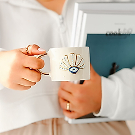 24k Gerçek Altın Dekorlu El Yapımı Alaçatı İncisi Seramik Mug Kupa