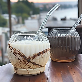 2 Adet Tombul Model Borosilikat Kokteyl Ve Soğuk - Sıcak Kahve Bardağı Pipet 350ml