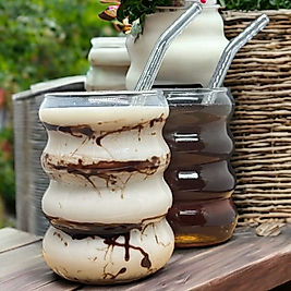 2 Adet Isıya Dayanıklı Boğumlu Model Borosilikat Soğuk - Sıcak Kahve Bardağı Pipet Hediyeli