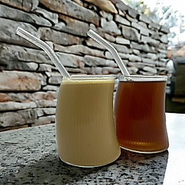 2 Adet Asimetrik Origami Çizgili Bardak Cam Pipet Hediyeli | Kahve Kokteyl Sunum Meşrubat Bardağı