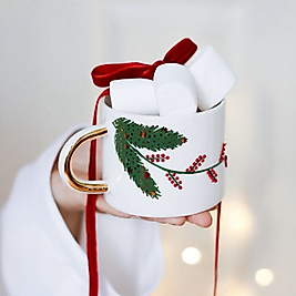 Gerçek Altın Detaylı El Yapımı Yılbaşı Dal Kokina Seramik Mug Kupa