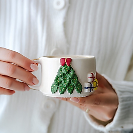Gerçek Altın Detaylı El Yapımı Yılbaşı Çam Ağacı Seramik Mug Kupa