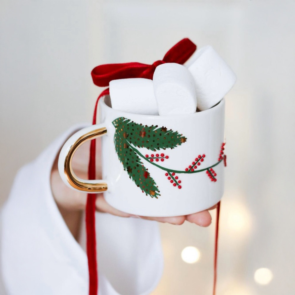Gerçek Altın Detaylı El Yapımı Yılbaşı Dal Kokina Seramik Mug Kupa