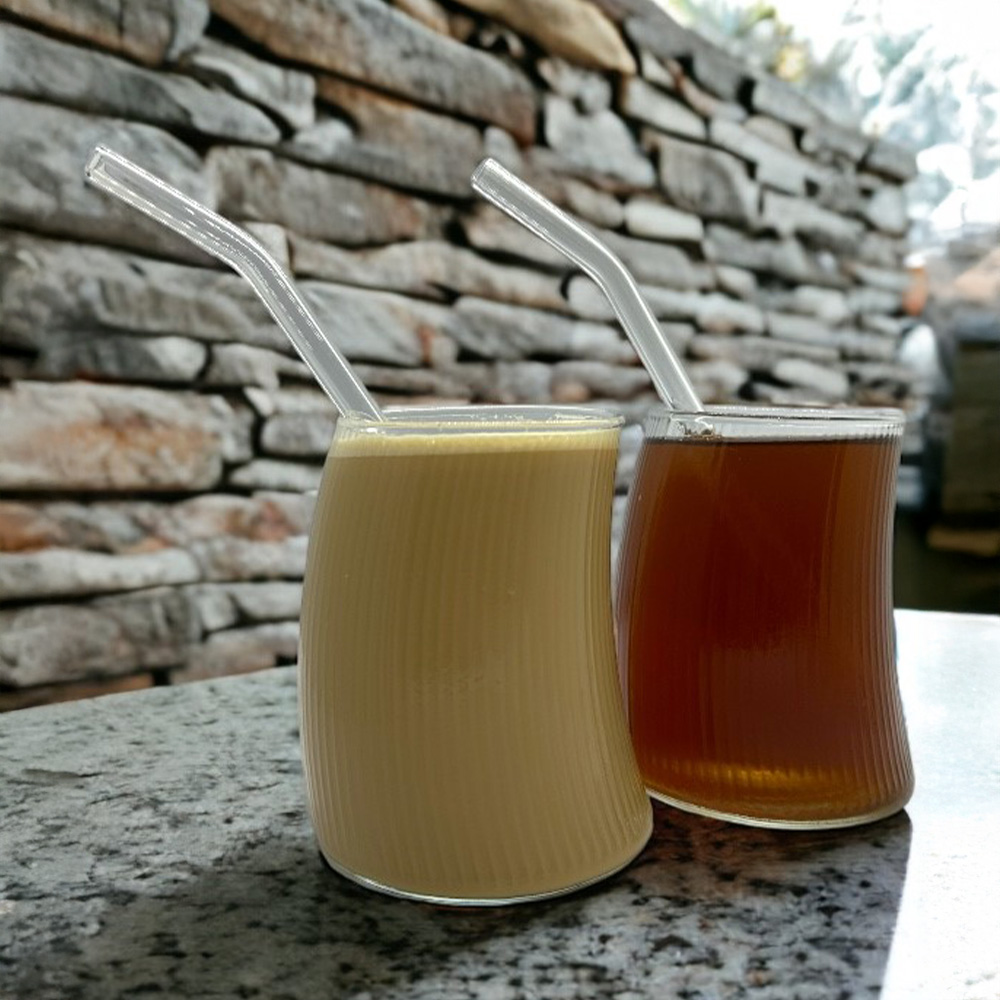 2 Adet Asimetrik Origami Çizgili Bardak Cam Pipet Hediyeli | Kahve Kokteyl Sunum Meşrubat Bardağı