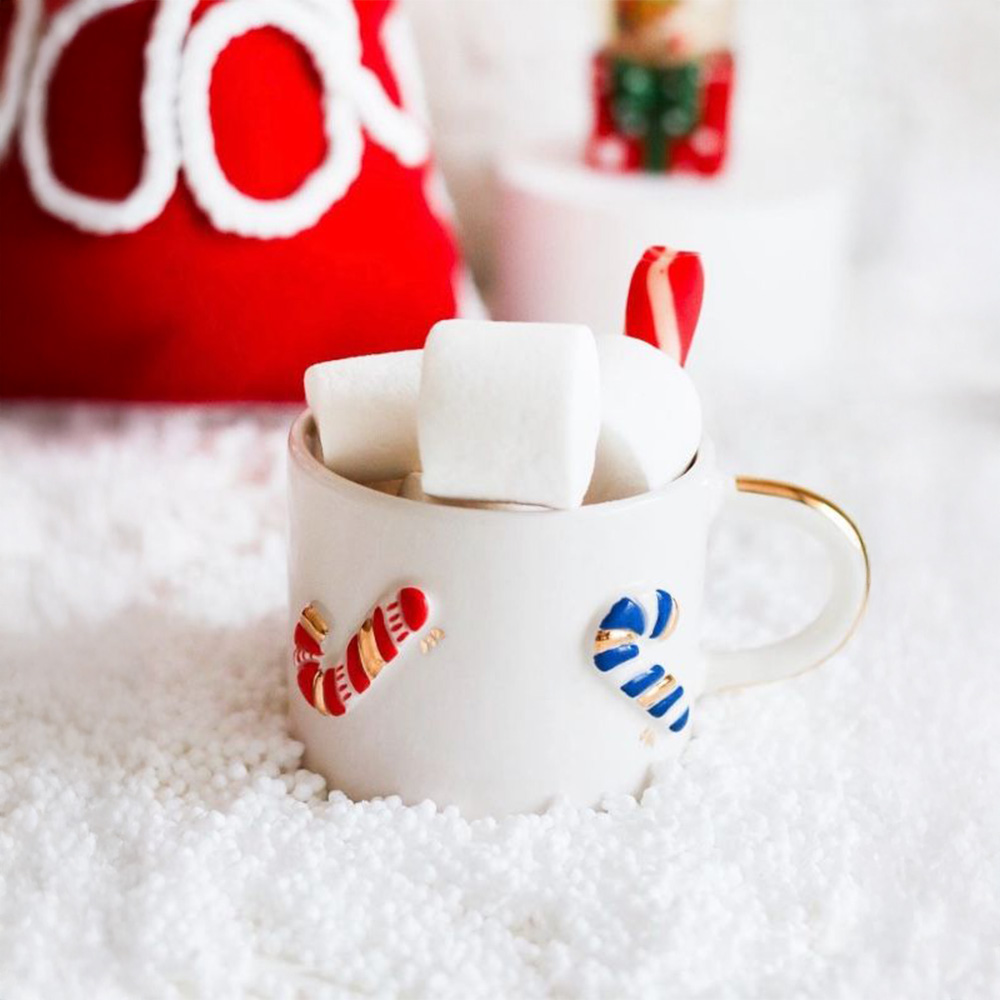 Gerçek Altın Detaylı El Yapımı Yılbaşı Candy Cane Seramik Mug Kupa