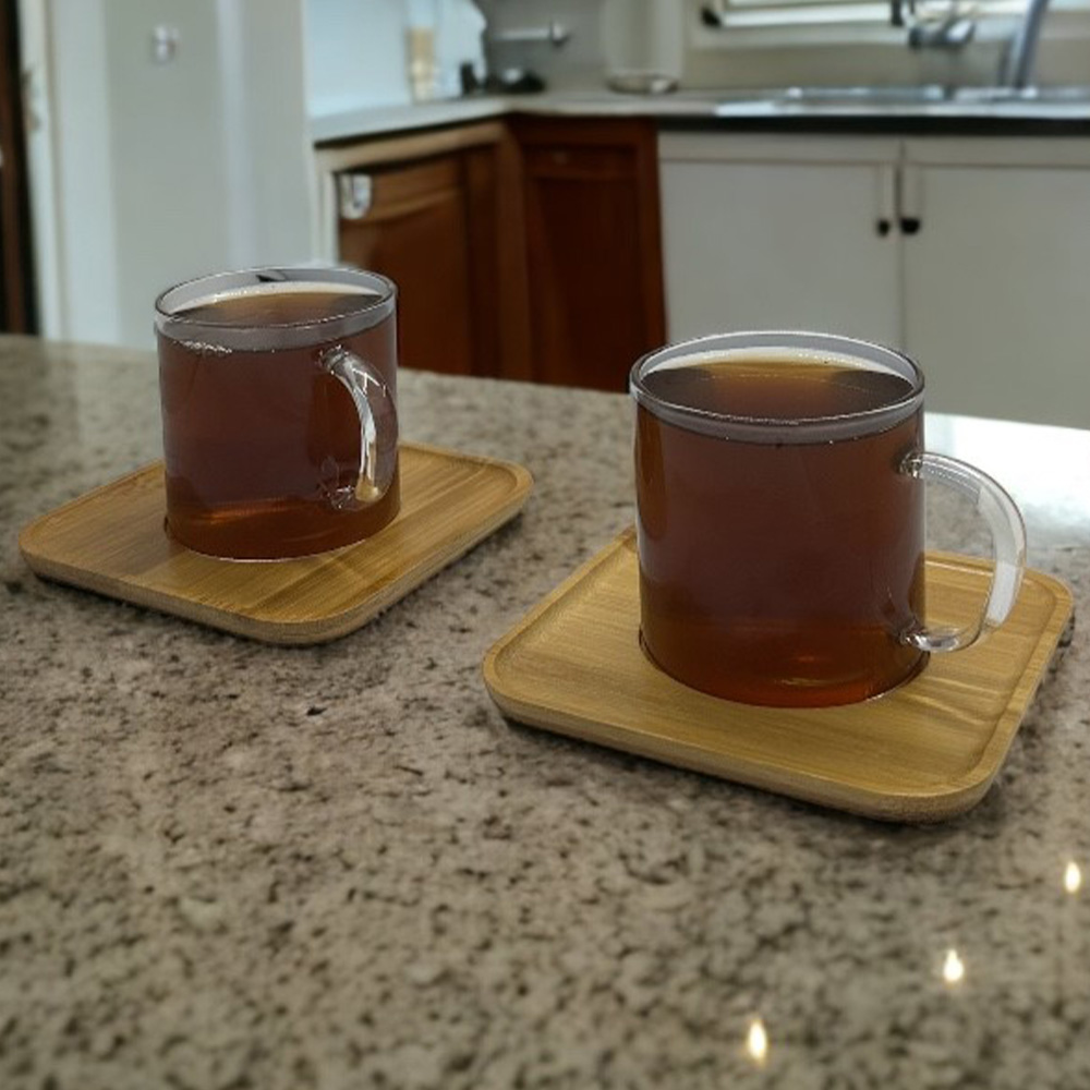 Bambu Tabaklı 2li Yılbaşı Cam Çay - Kahve Sunum Fincanı Seti 200 ml