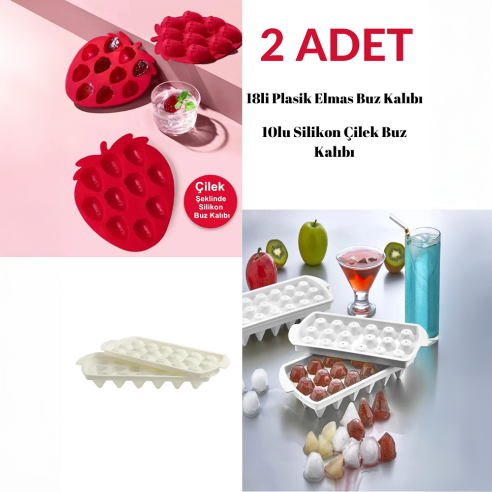 2 Adet| 18li Plastik Pratik Kapaklı Elmas Buz Kalıbı ve 10 Bölmeli Silikon Çilek Buz-Çikolata Kalıbı