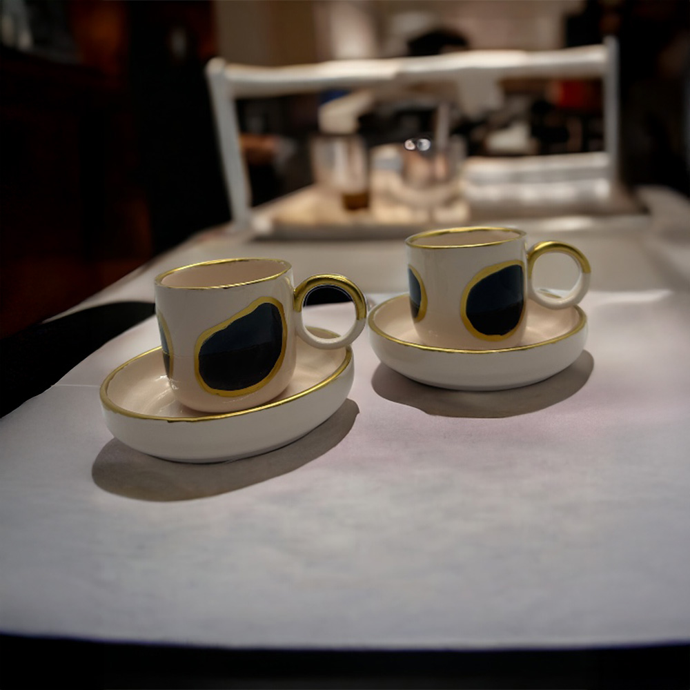 Sarı Detaylı El Yapımı Seramik Kahve Fincanı