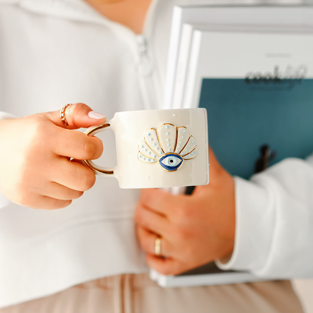 24k Gerçek Altın Dekorlu El Yapımı Alaçatı İncisi Seramik Mug Kupa