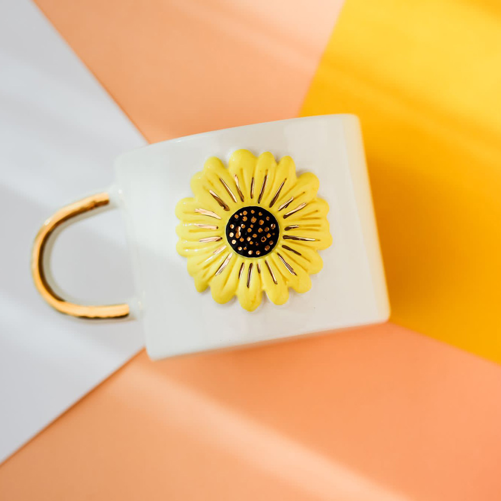 24k Gerçek Altın Dekorlu El Yapımı Papatya Seramik Mug Kupa