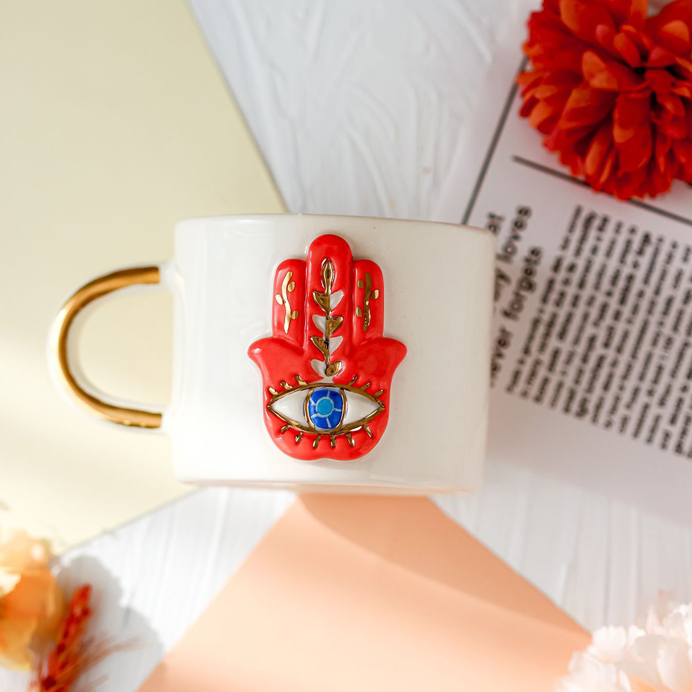 24k Gerçek Altın Dekorlu El Yapımı Fatma Ana Eli Seramik Mug Kupa