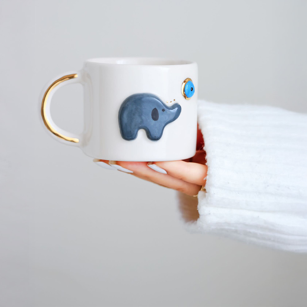 24k Gerçek Altın Dekorlu El Yapımı Bereket Fili Seramik Mug Kupa