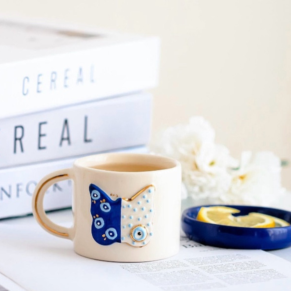 24k Gerçek Altın Dekorlu El Yapımı Kelebek Nazar Seramik Mug Kupa