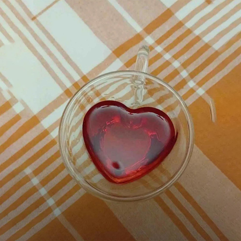 Meşrubat Bardağı Kalpli Çift Cidarlı Şeffaf Espresso Cam Bardak Ofis Ev Kahve 180 ML