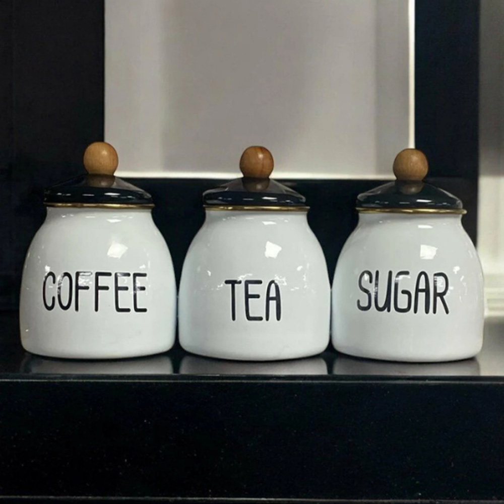 Sağlıklı Emaye Çay Şeker Kahve 3'lü Kavanoz Seti - Tea Coffee Sugar Saklama Kabı