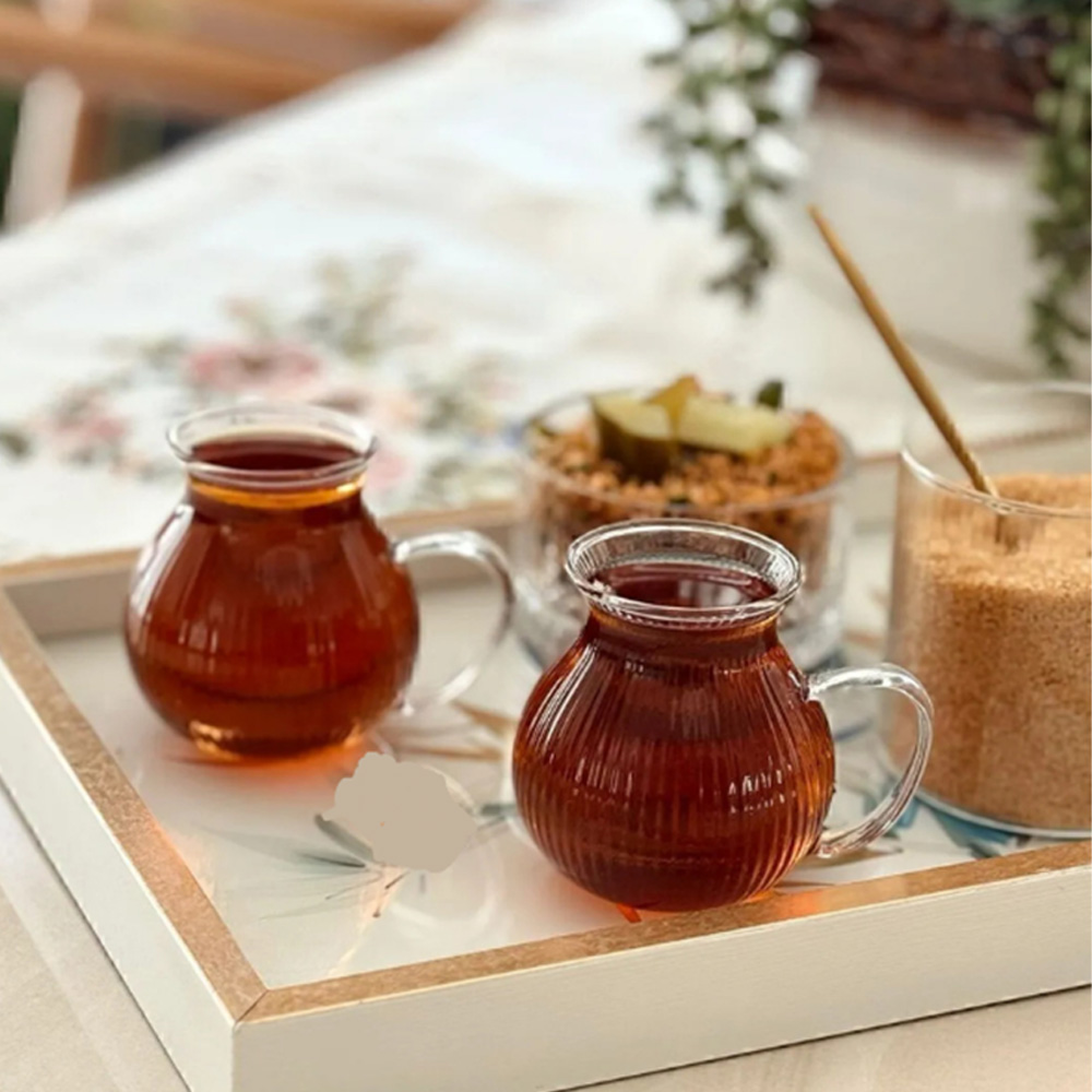 2’li Keyfi Ala Çizgili Borosilikat Cam Kulplu Çay Bardağı